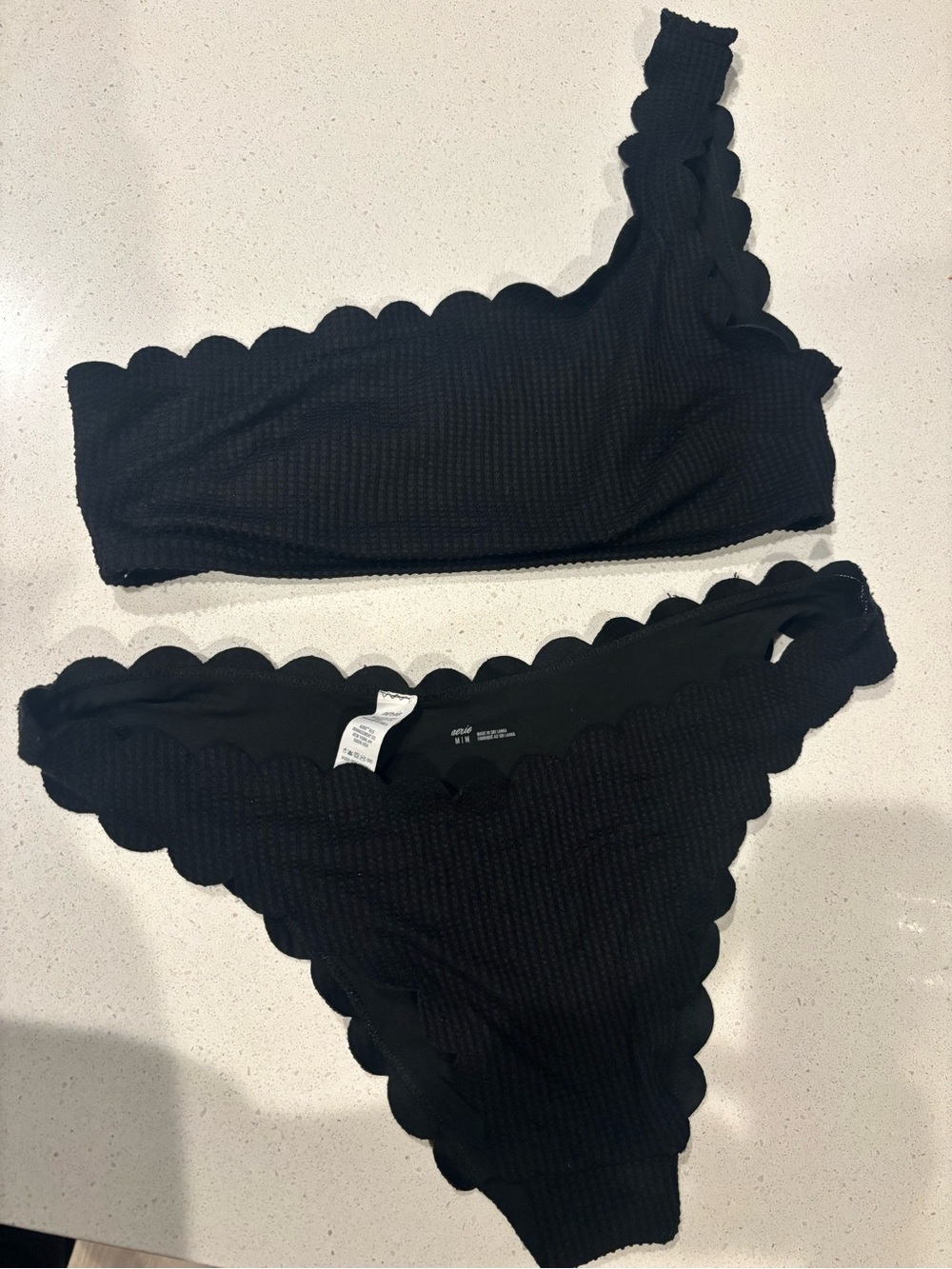 aerie Black Scalloped One-Shoulder Bandeau Bikini Set